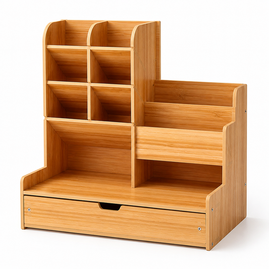 Bamboo Multi-Compartment Desk Organizer Shelf with Drawer