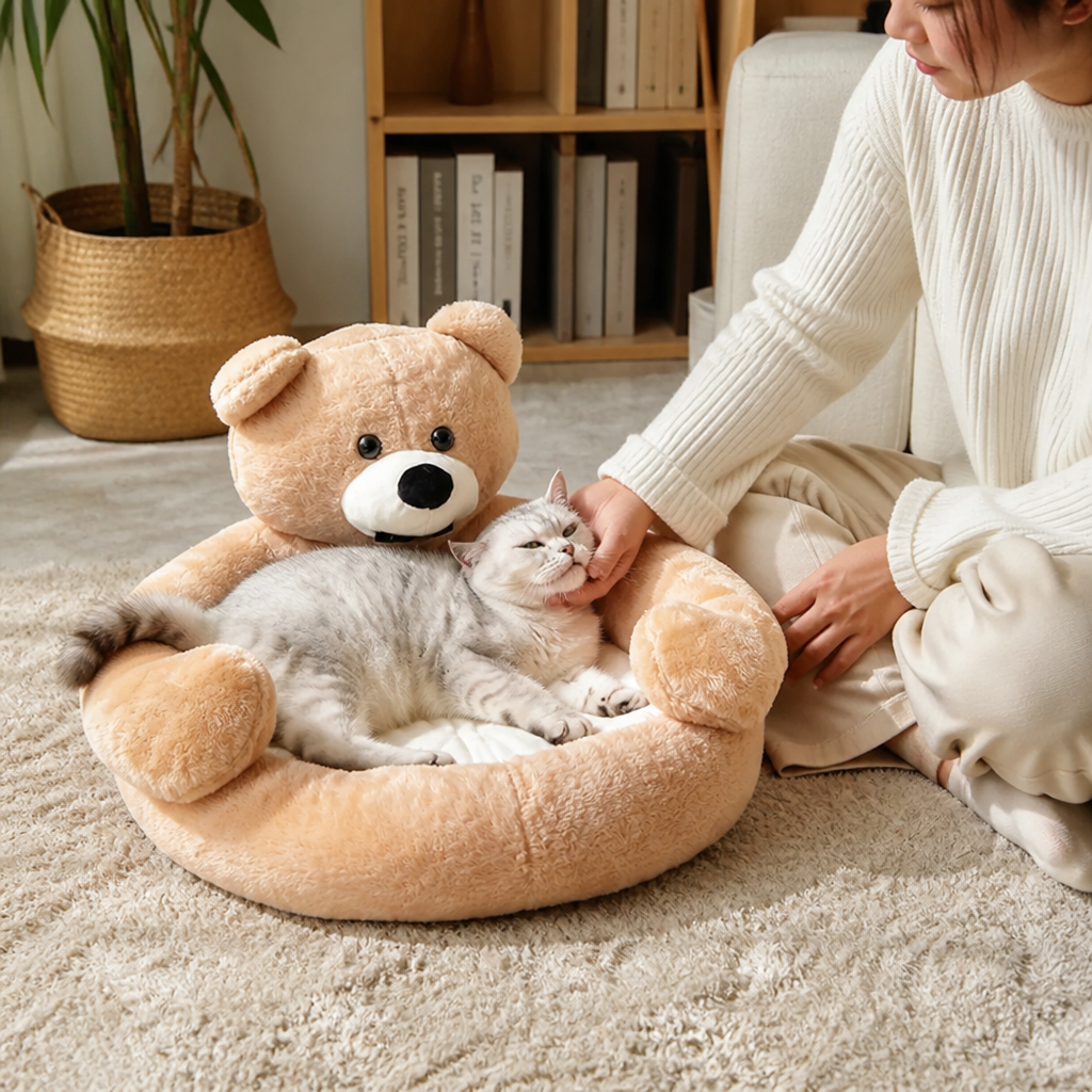 Bear-Shaped Plush Cat Bed (Machine Washable)