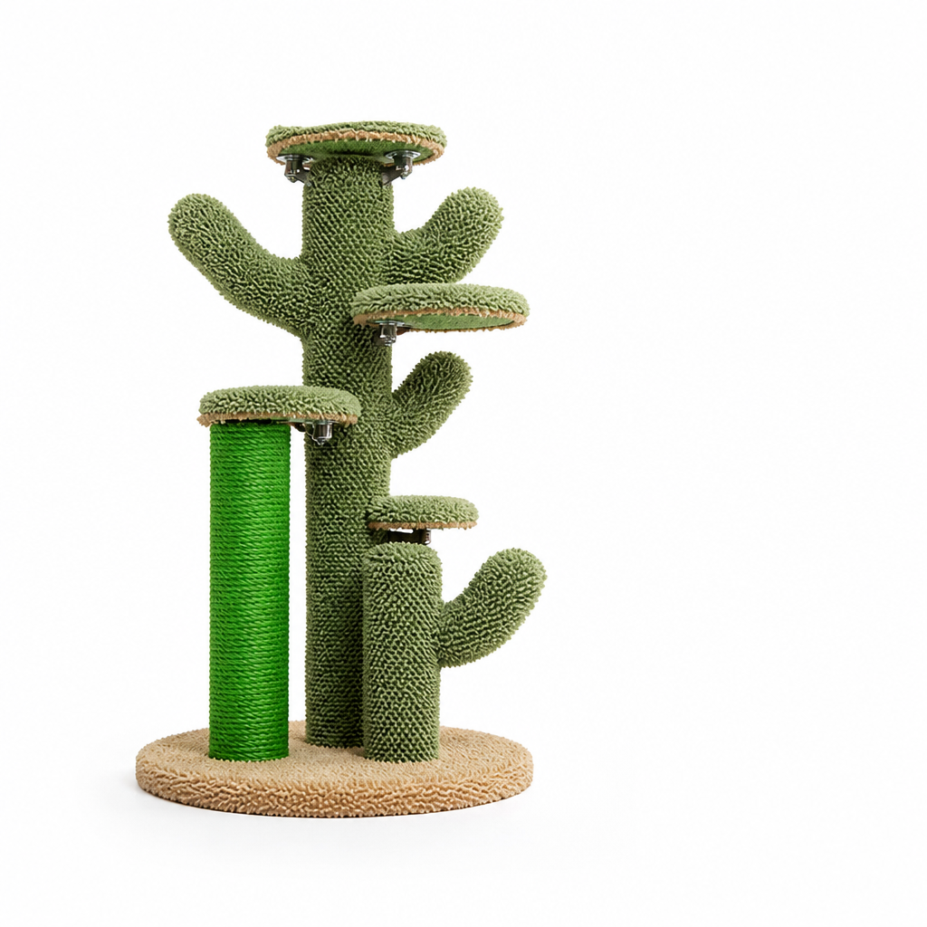 Cactus-Inspired Plush Cover And Wood Frame Cat Tree