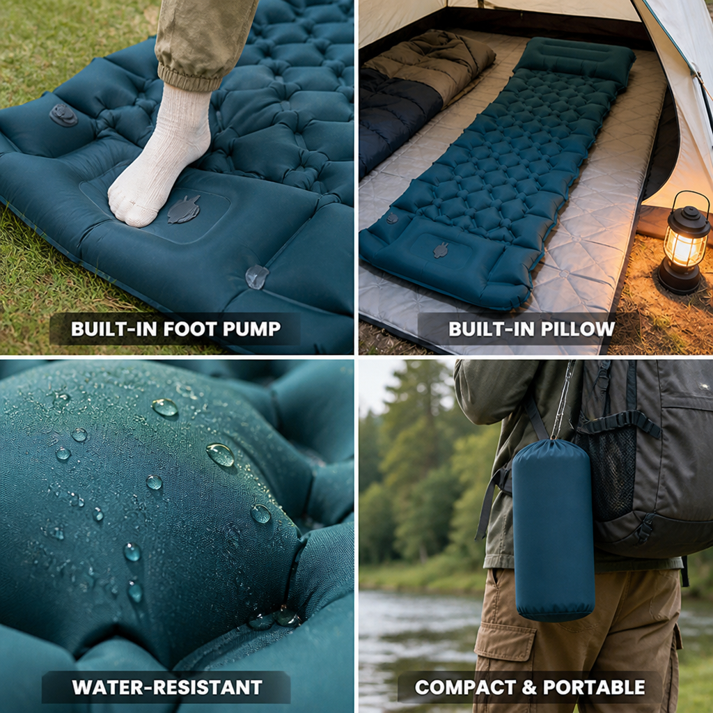 Camping Inflatable Mattress Integrated Foot Pump Built-In Pillow