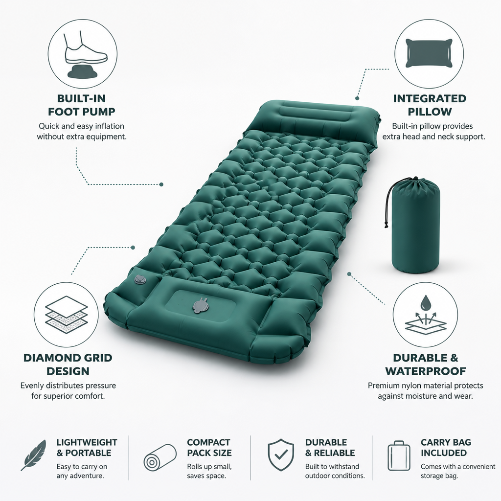 Camping Inflatable Mattress Integrated Foot Pump Built-In Pillow