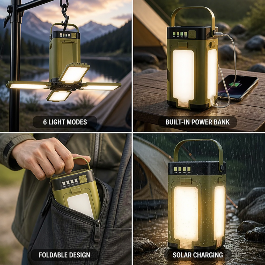 Camping Lantern Foldable Solar Power Bank 6 Light Modes