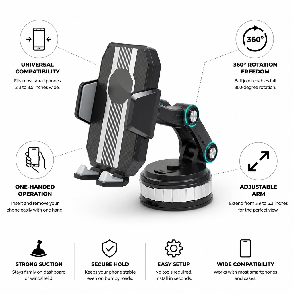 Car Phone Mount Suction Cup 360° Rotating