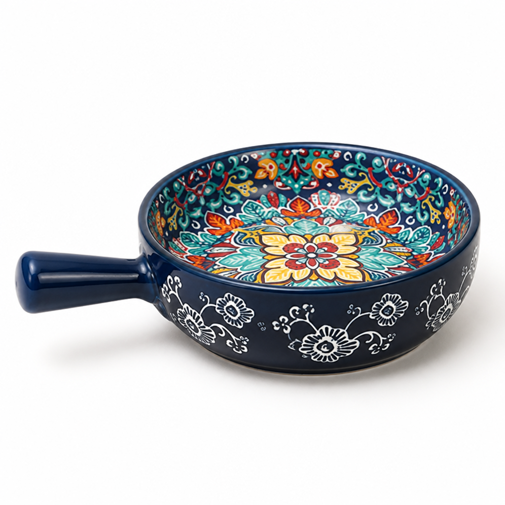 Ceramic Bowl Hand-Painted Boho Floral Side Handle