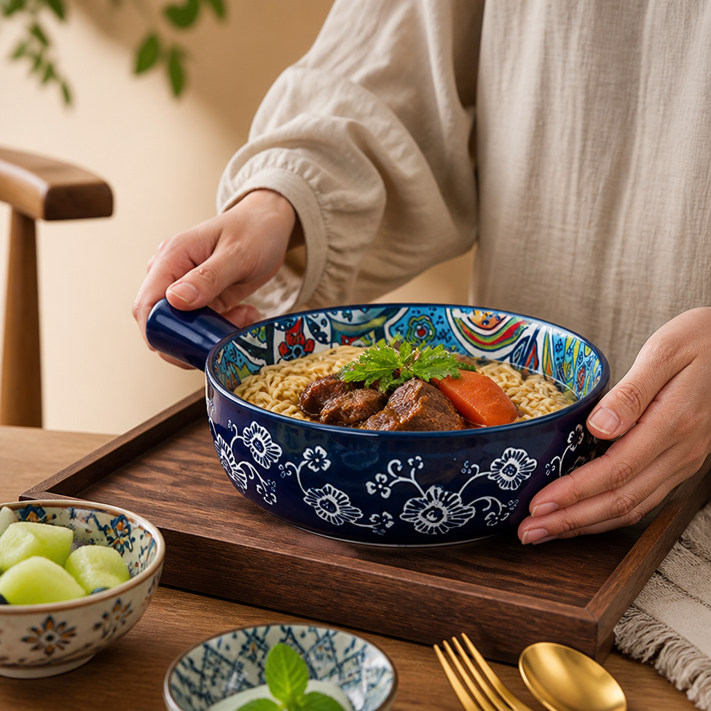 Ceramic Bowl Hand-Painted Boho Floral Side Handle
