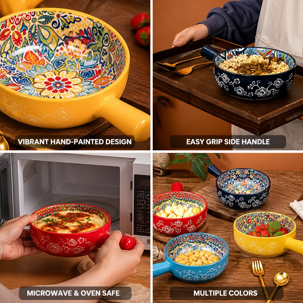 Ceramic Bowl Hand-Painted Boho Floral Side Handle