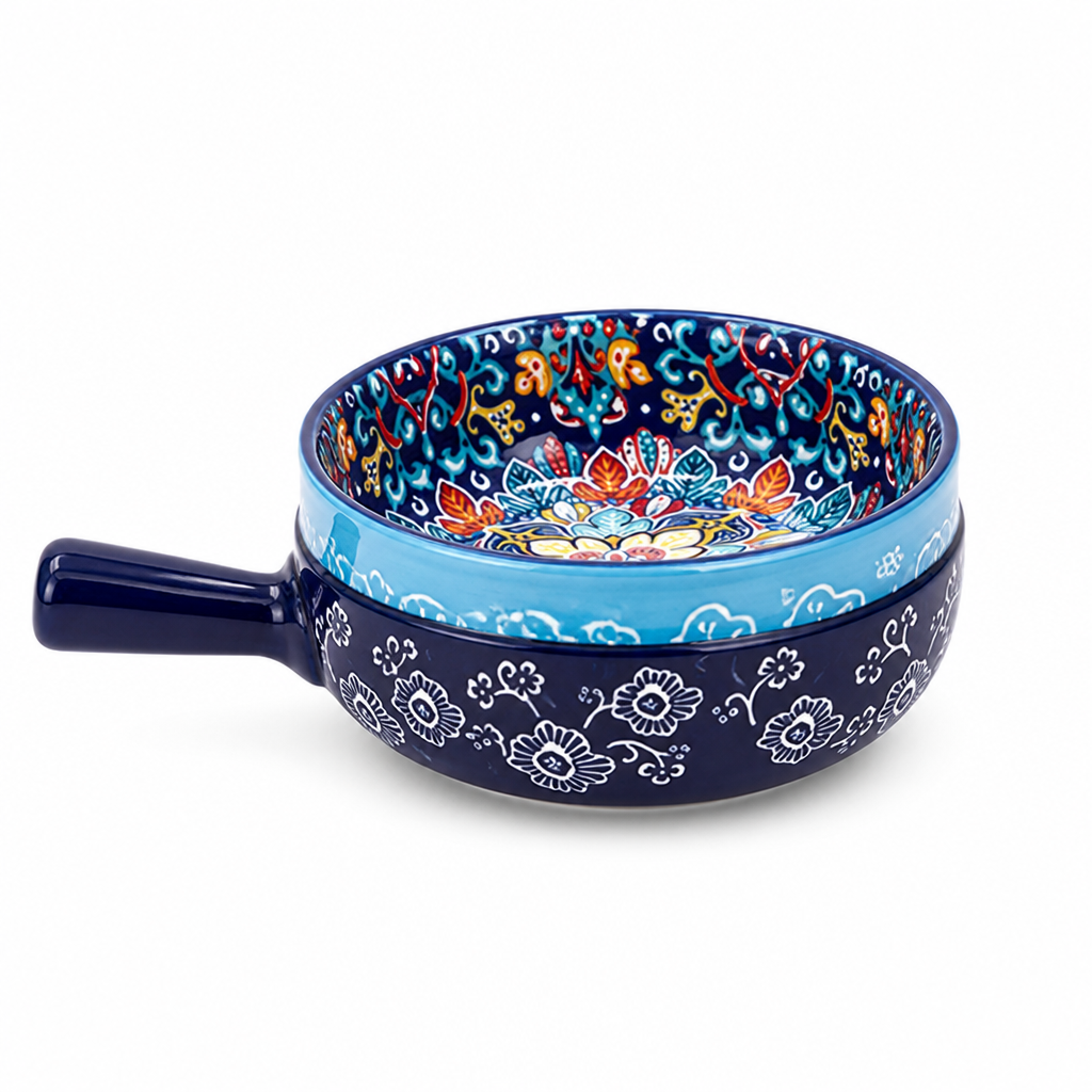 Ceramic Bowl Hand-Painted Boho Floral Side Handle