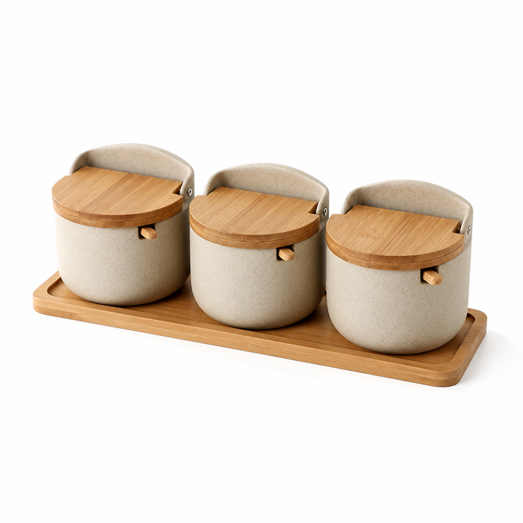 Ceramic Herb Pots with Bamboo Lids & Tray