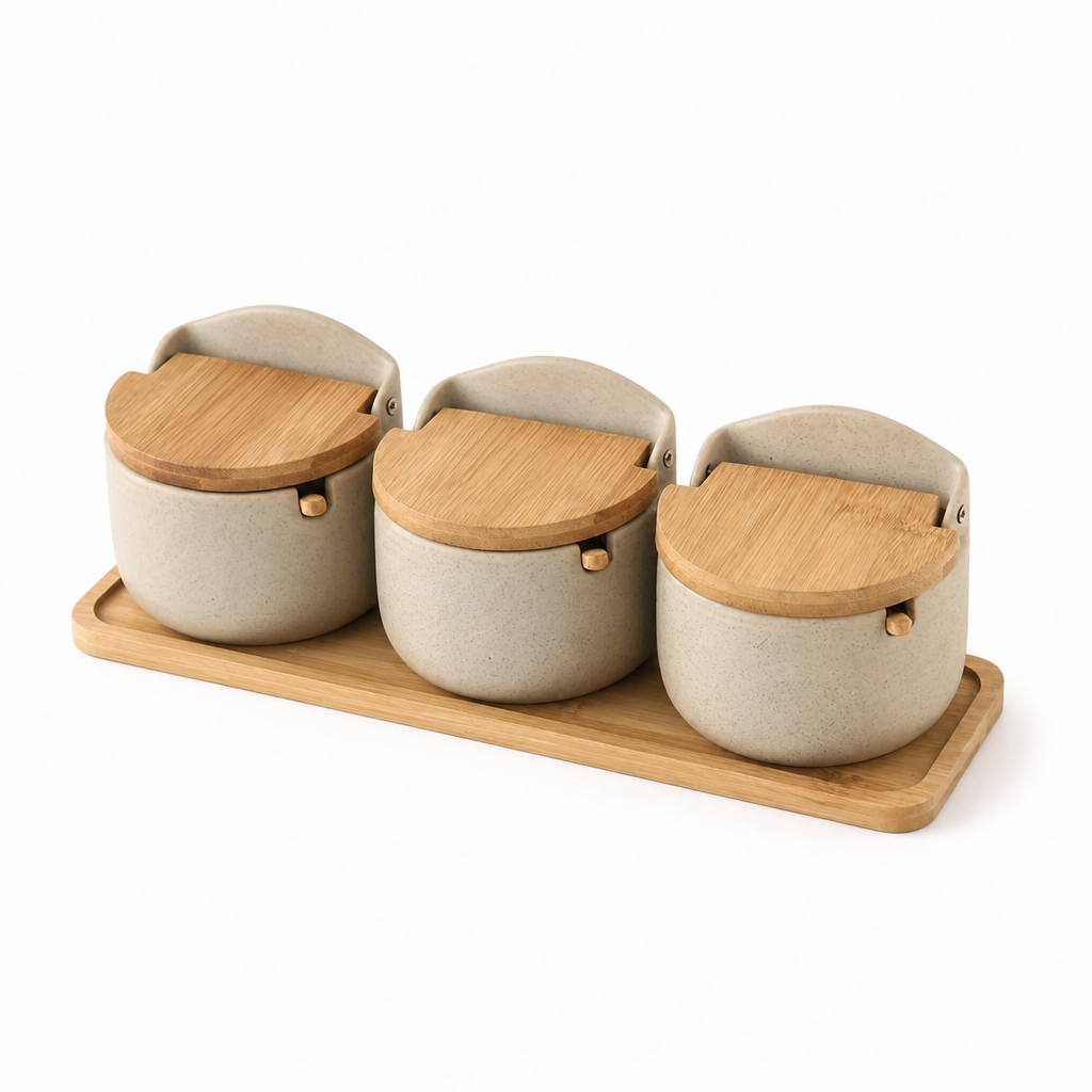 Ceramic Herb Pots with Bamboo Lids & Tray