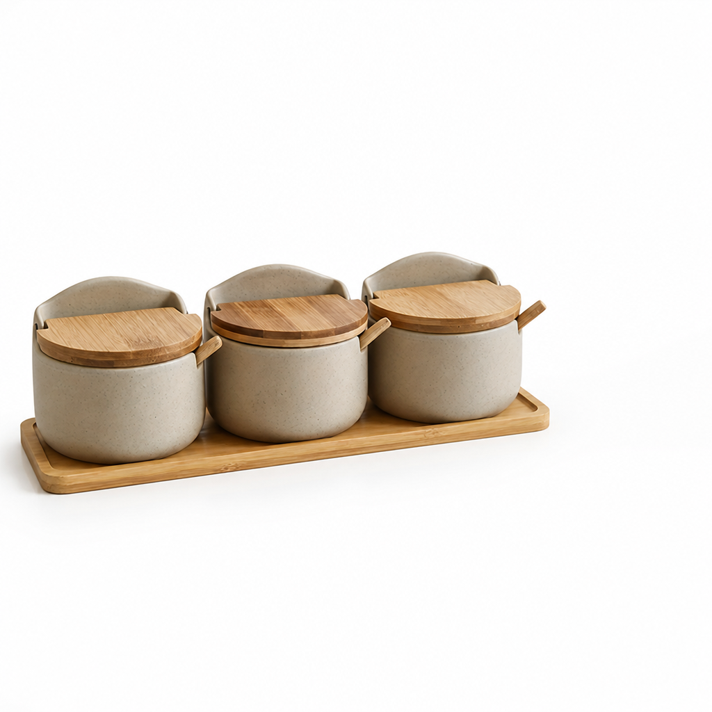 Ceramic Herb Pots with Bamboo Lids & Tray