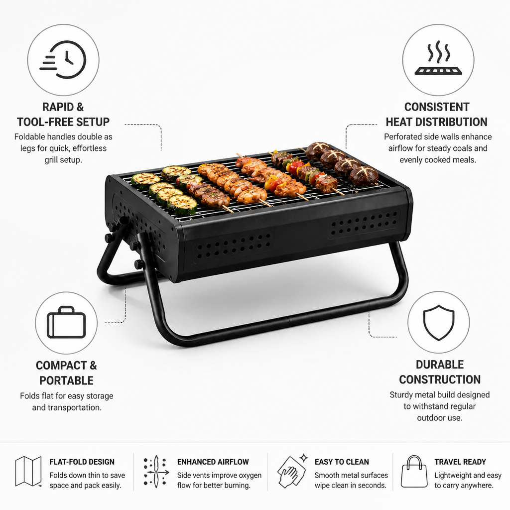 Charcoal Grill Portable Flat-Fold Metal