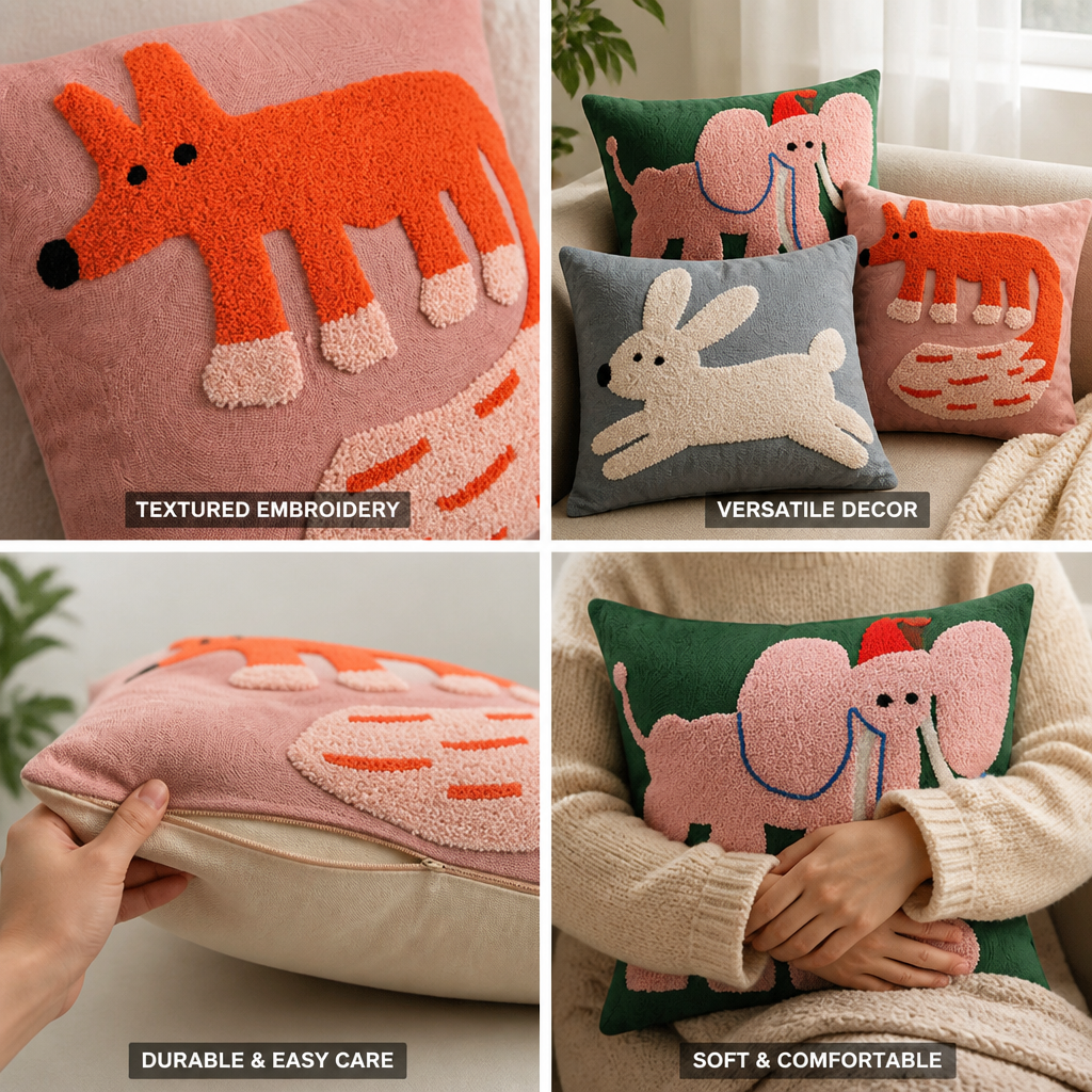 Cushion Cover Embroidered Animal Motif 45x45 cm