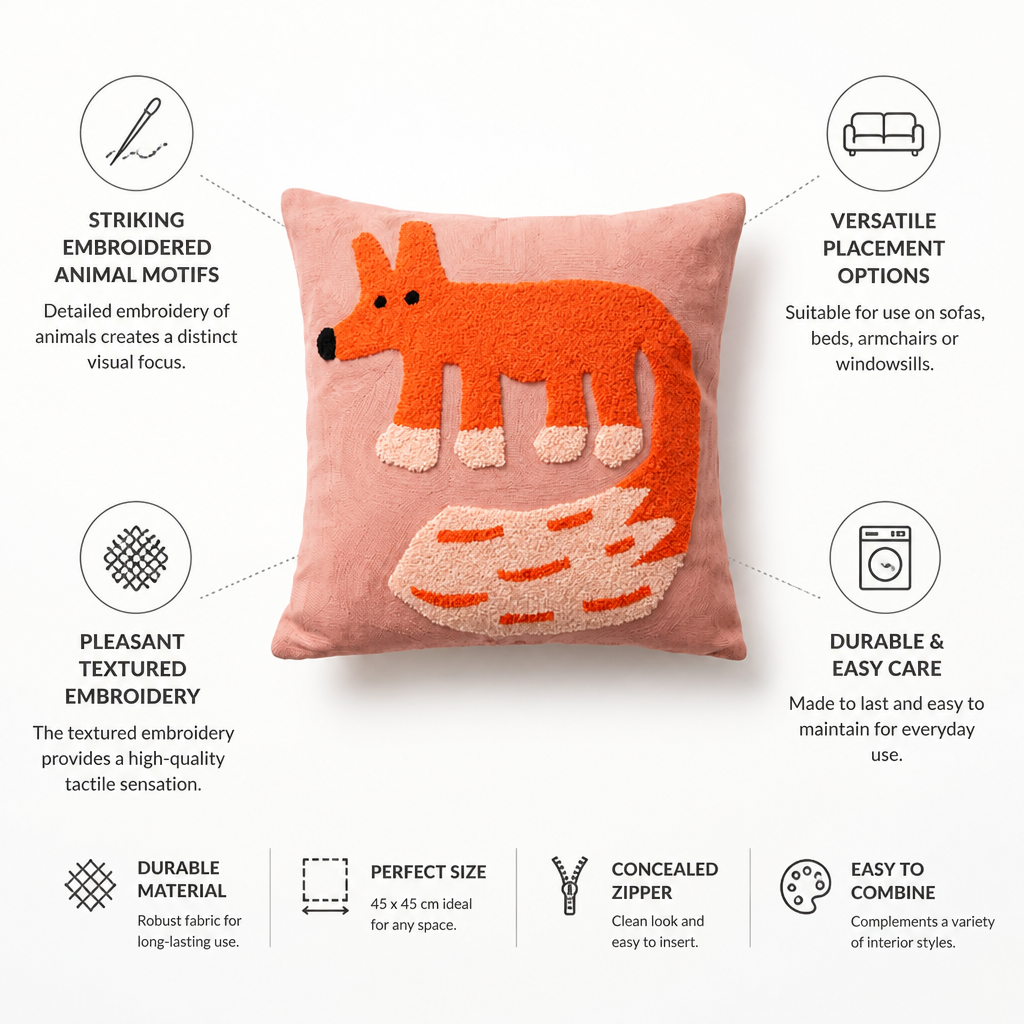 Cushion Cover Embroidered Animal Motif 45x45 cm