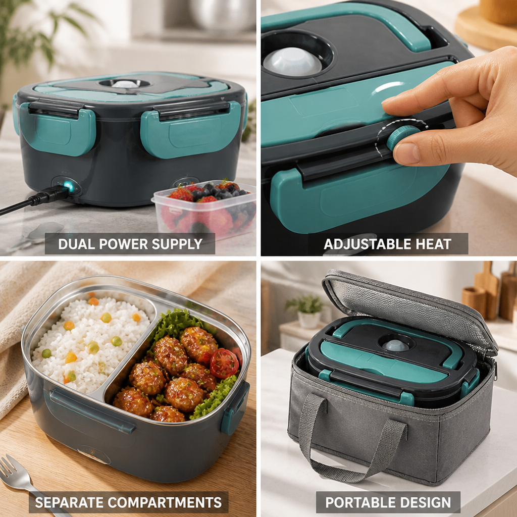 Electric Lunch Box Dual Power & Adjustable Dial Stainless Steel Interior