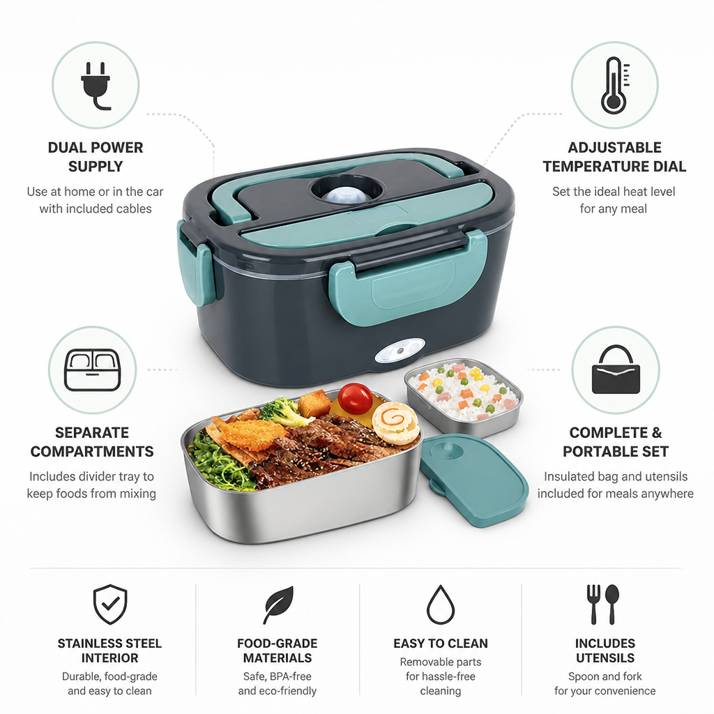 Electric Lunch Box Dual Power & Adjustable Dial Stainless Steel Interior