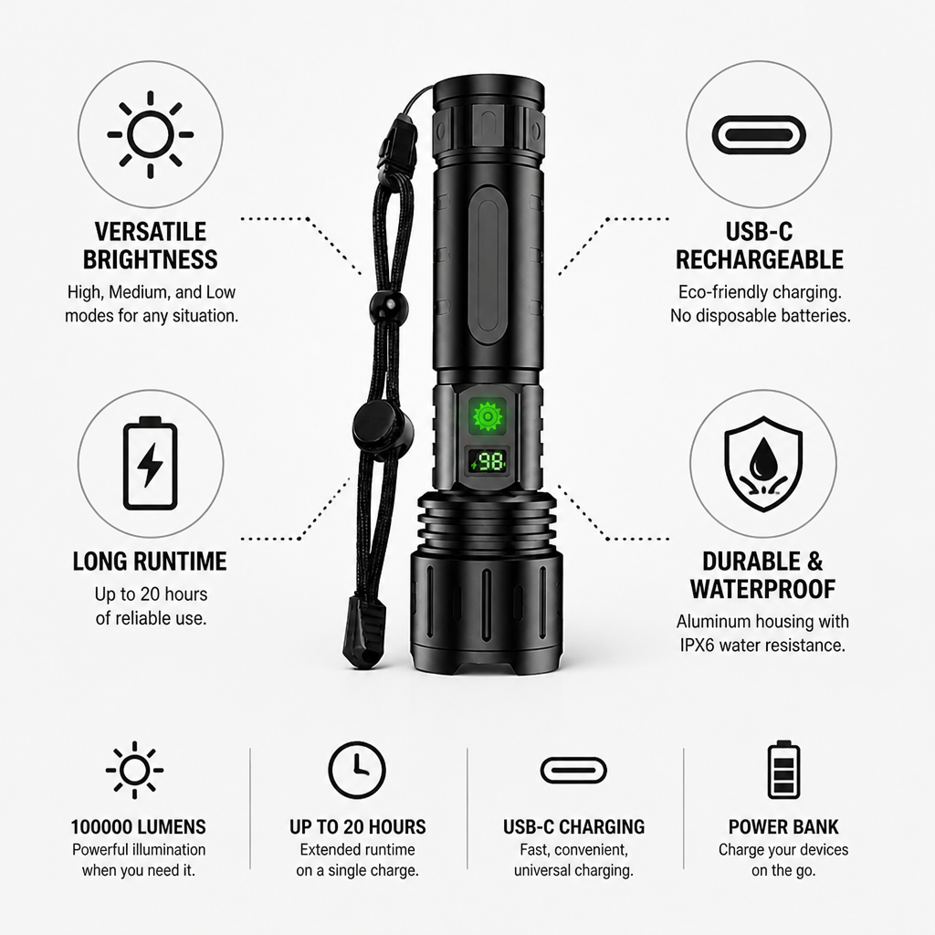 Flashlight Rechargeable USB-C Power Bank IPX6 Waterproof