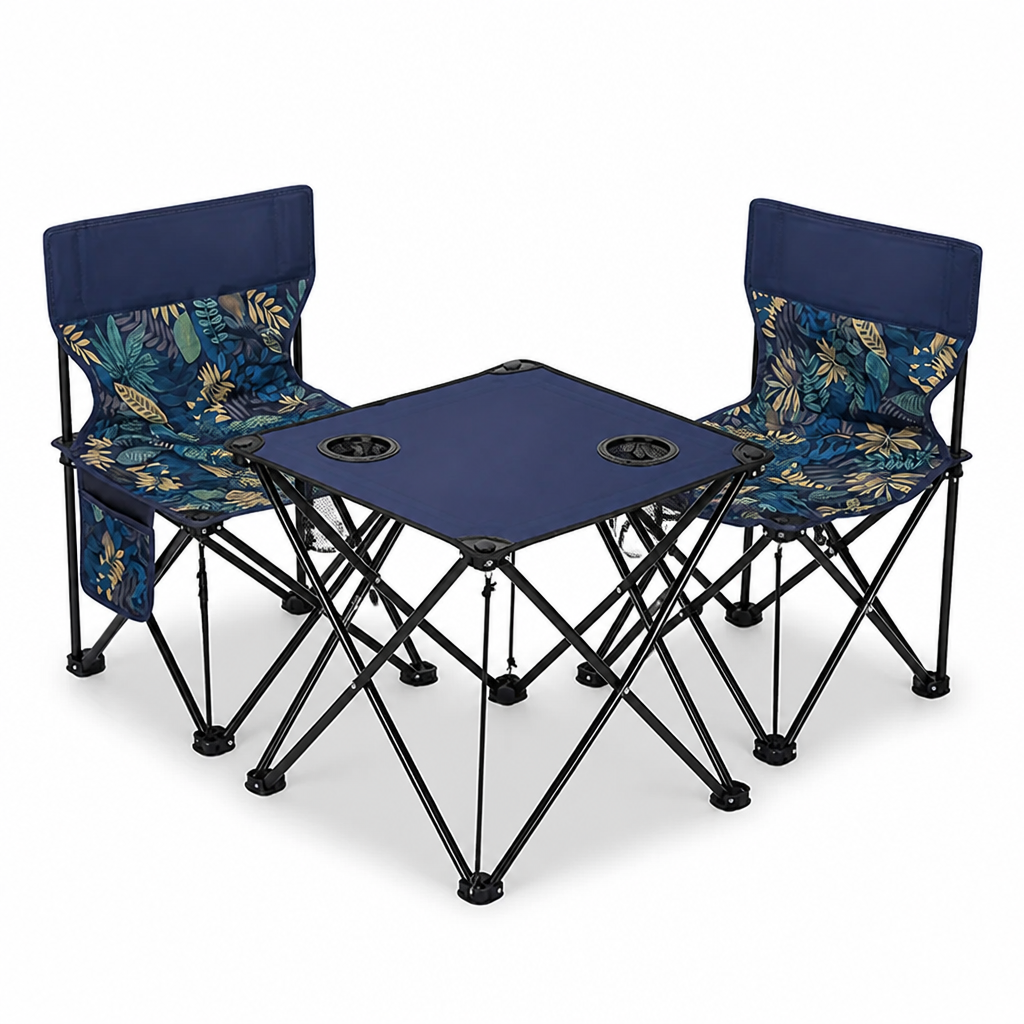 Foldable Table and Chair Set (2-Chair, Floral-Pattern Chairs, Integrated Cup Holders)