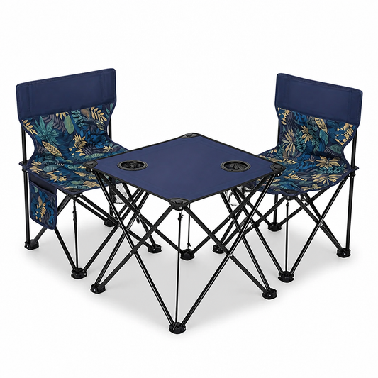 Foldable Table and Chair Set (2-Chair, Floral-Pattern Chairs, Integrated Cup Holders)