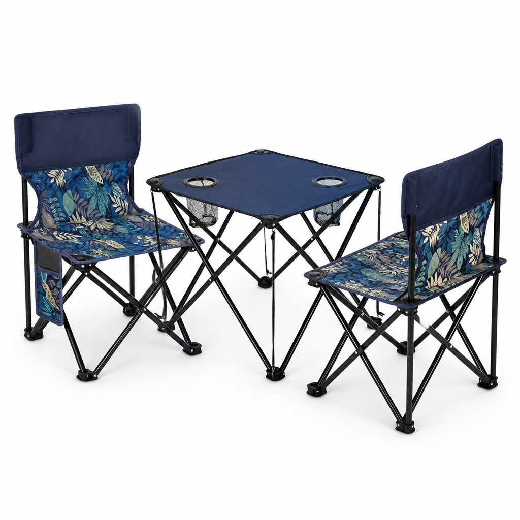 Foldable Table and Chair Set (2-Chair, Floral-Pattern Chairs, Integrated Cup Holders)