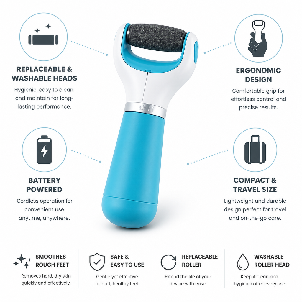 Foot File Battery-Powered Replaceable & Washable Heads Travel Size