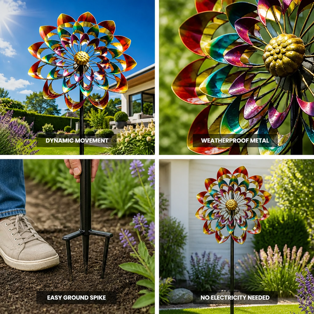 Garden Wind Spinner Rotating Weatherproof Metal & Ground Spike