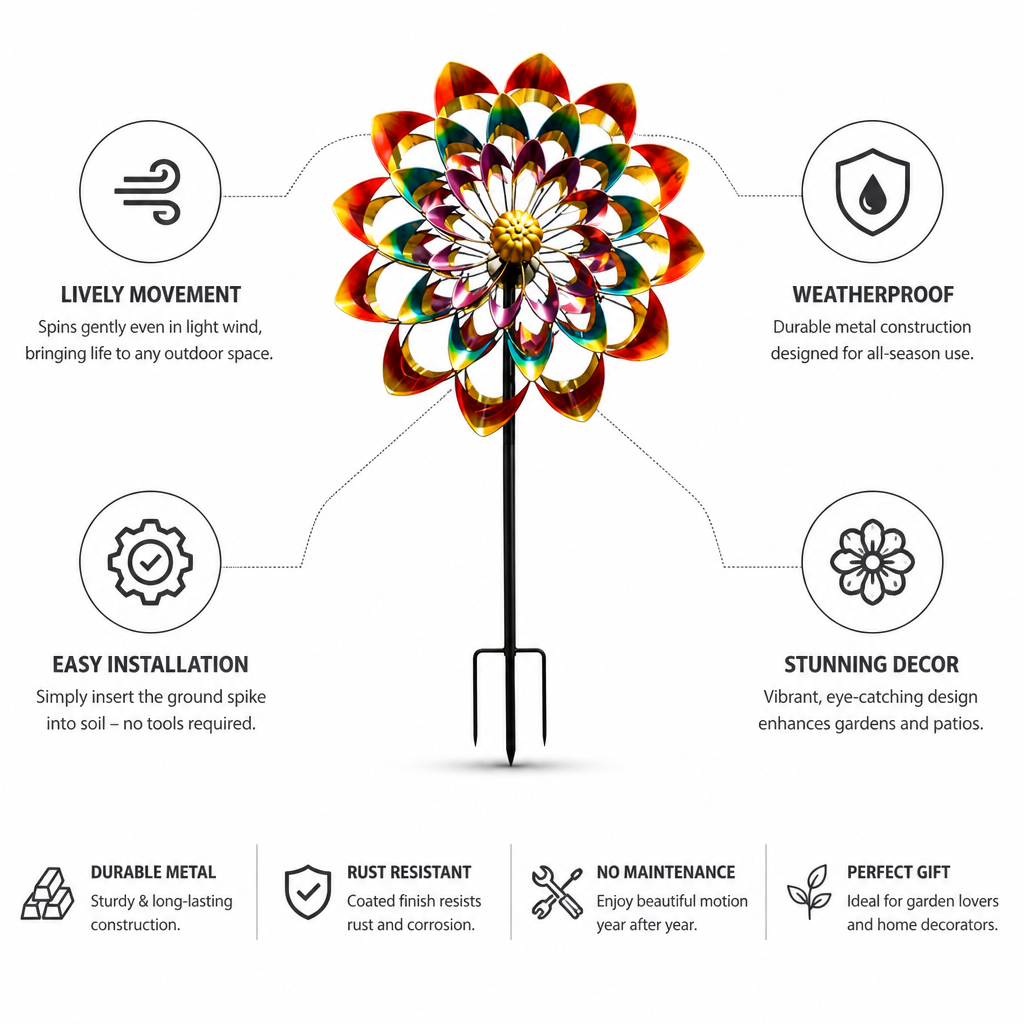 Garden Wind Spinner Rotating Weatherproof Metal & Ground Spike
