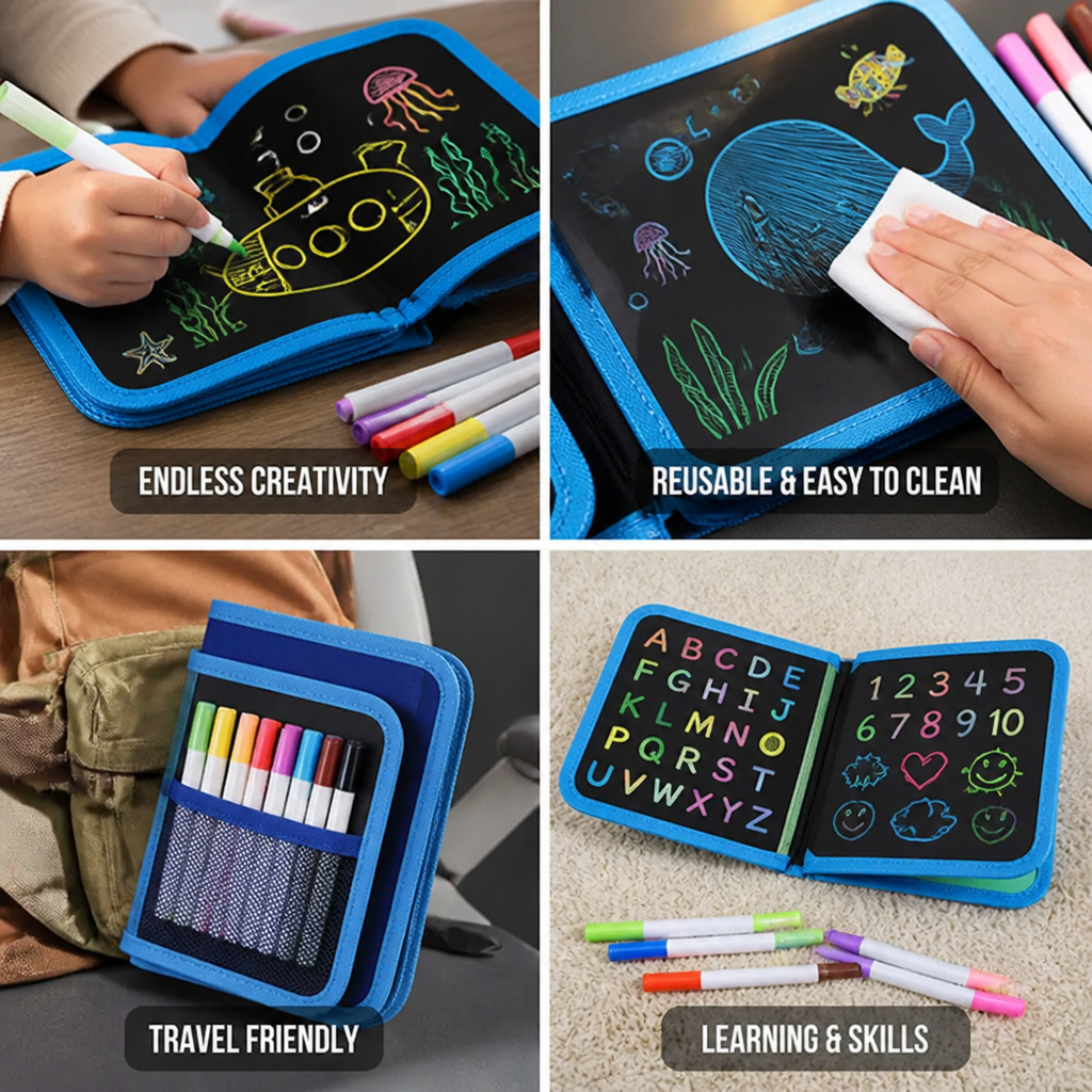 Kids Drawing Book Reusable Wipeable With 12 Pens