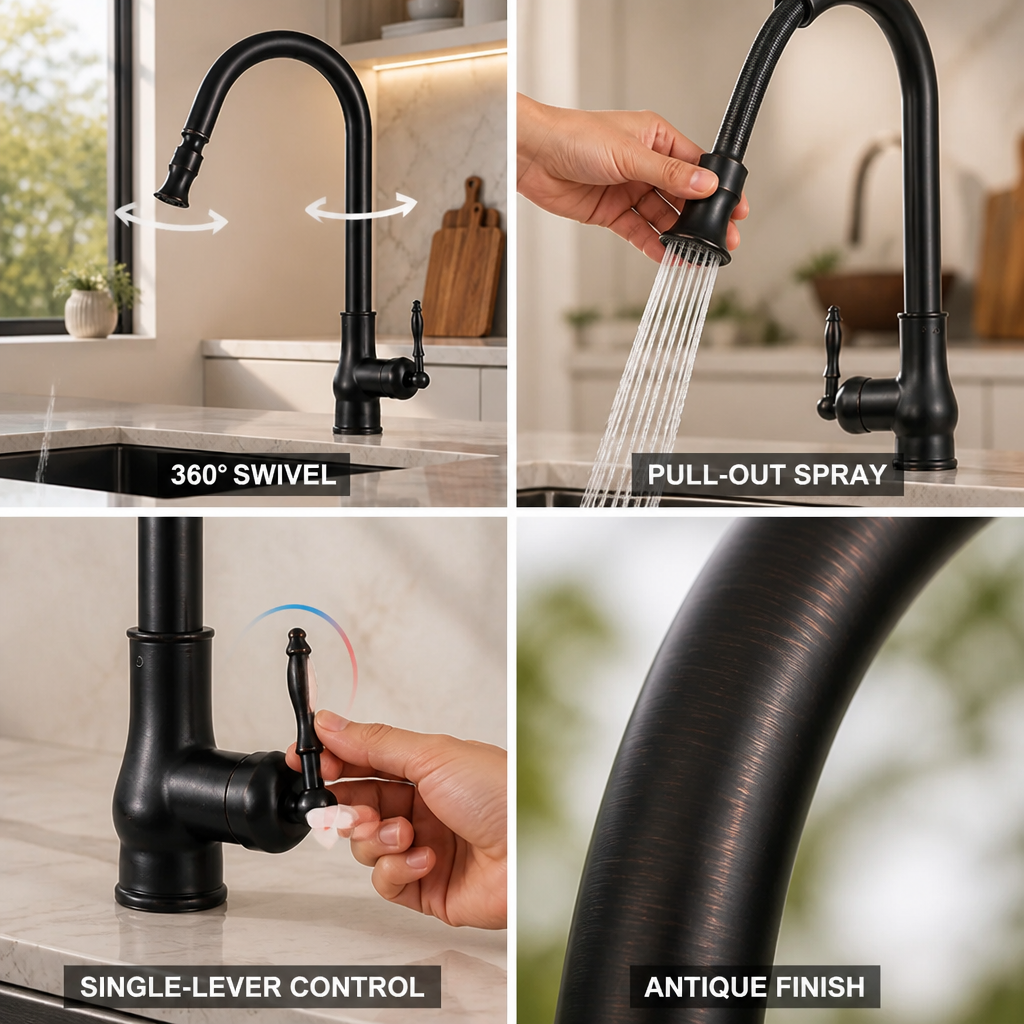 Kitchen Faucet Single-Lever & Pull-Out Spray 360-Degree Swivel