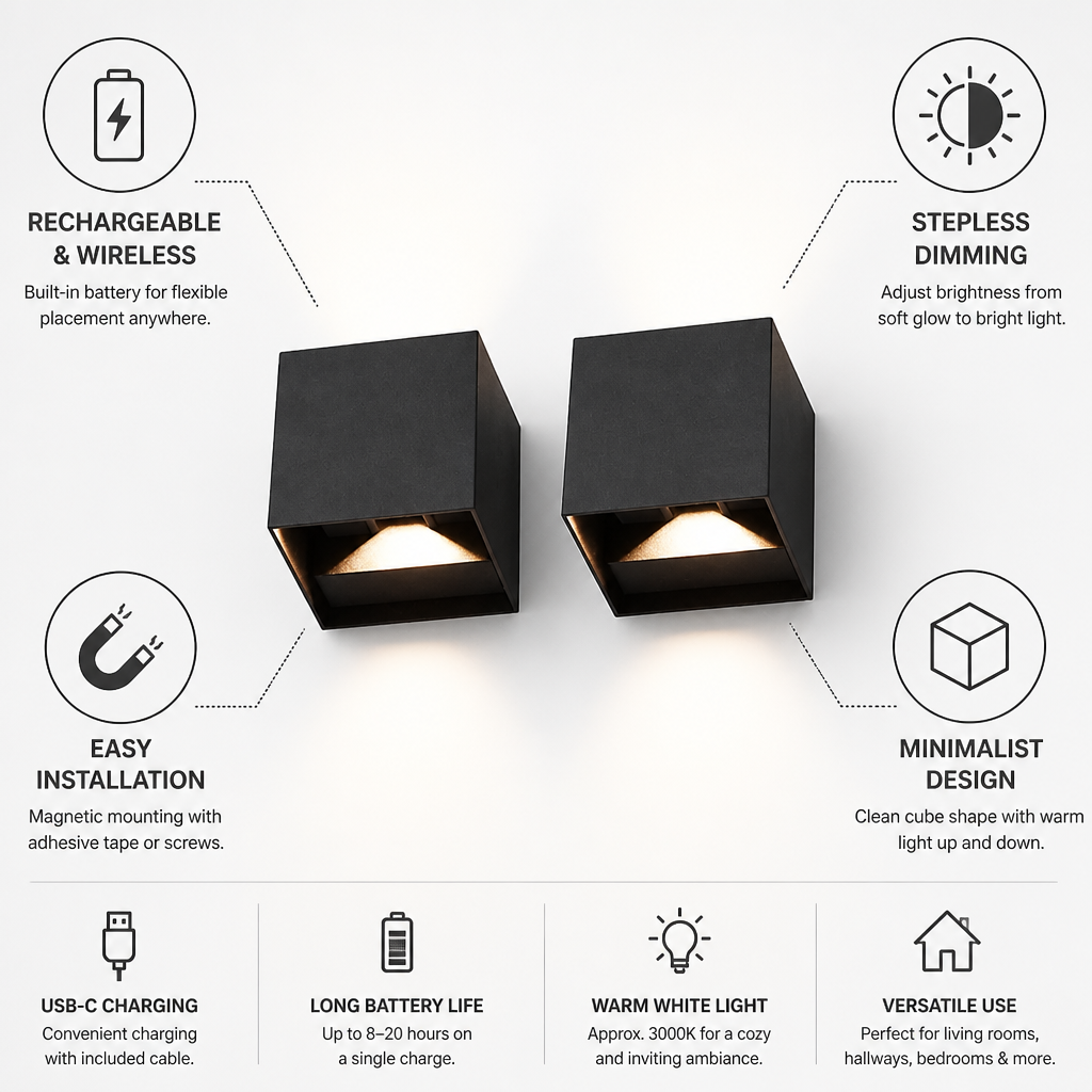 LED Wall Light Cube Rechargeable Dimmable Set of 2
