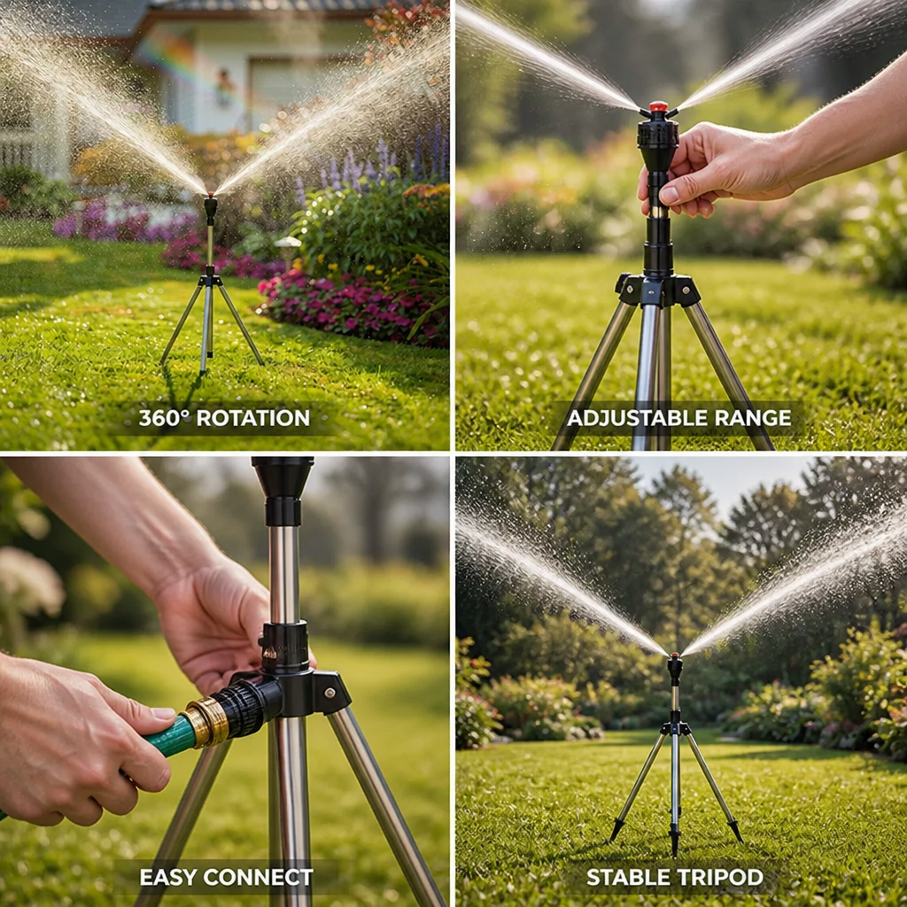 Lawn Sprinkler 360° Rotation Stainless Steel Tripod 20-39 Ft