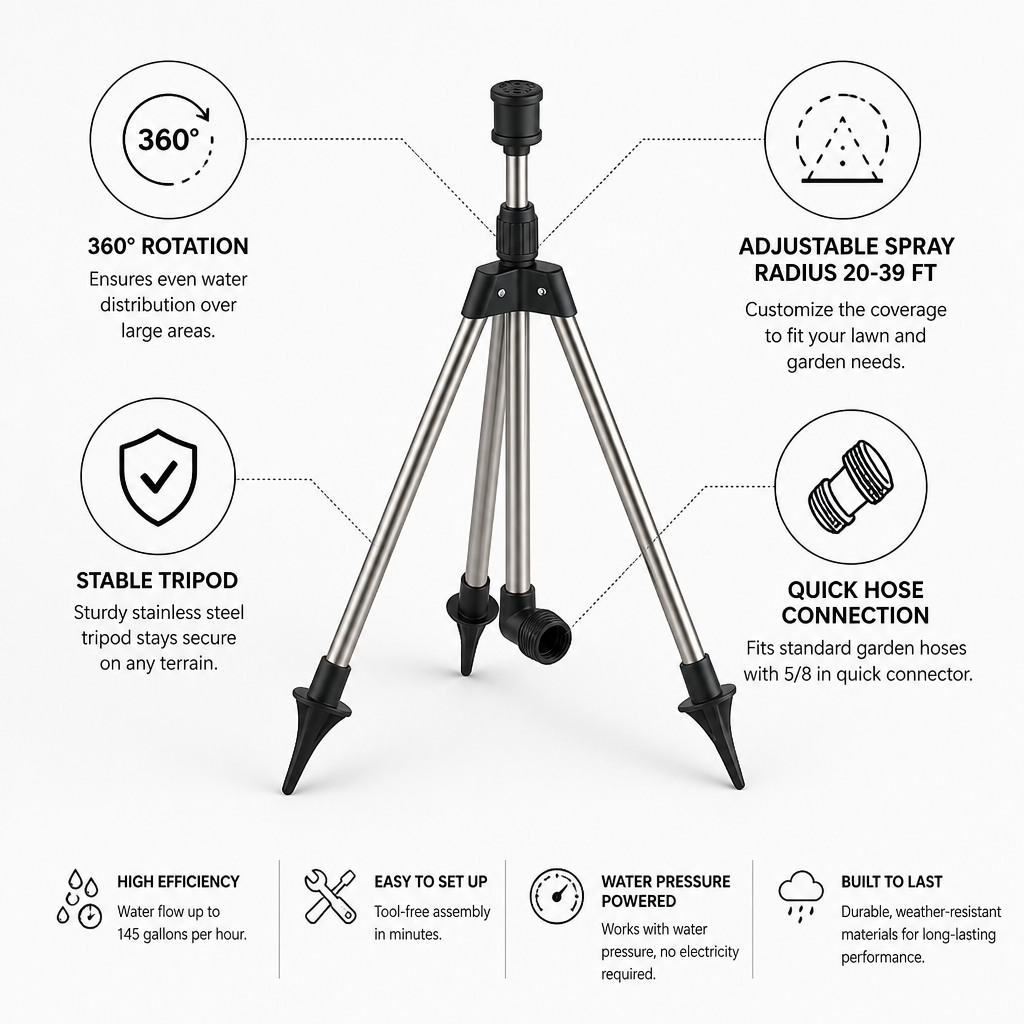 Lawn Sprinkler 360° Rotation Stainless Steel Tripod 20-39 Ft
