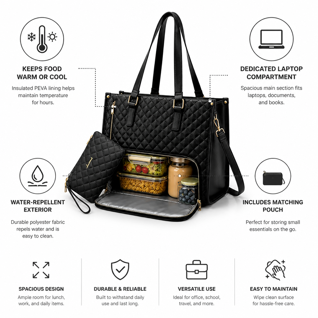 Lunch & Laptop Bag Insulated Compartment Water-Repellent Polyester