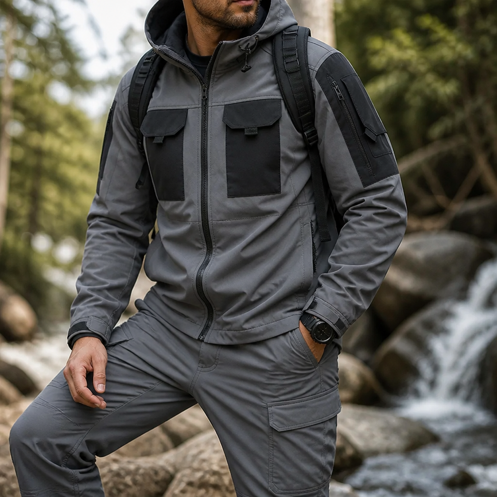 Men's Waterproof Windproof Cargo Set (Adjustable Hood, Cargo Pockets)