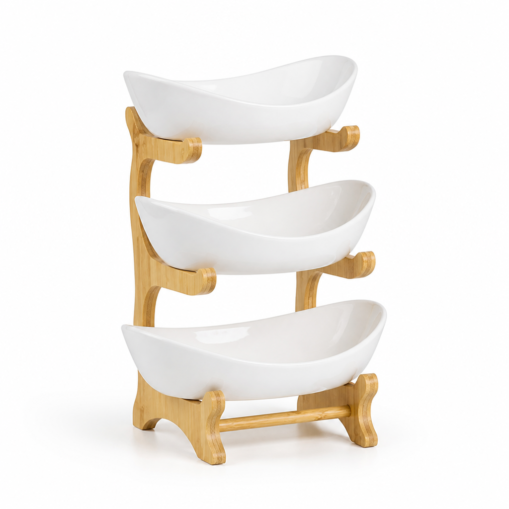 Multi-Tier Fruit Bowl with Ceramic Bowls and Wood Base