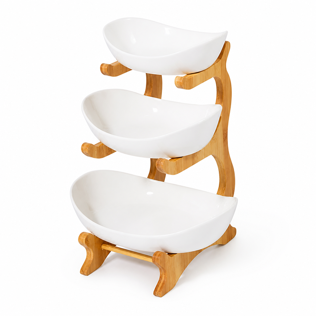 Multi-Tier Fruit Bowl with Ceramic Bowls and Wood Base