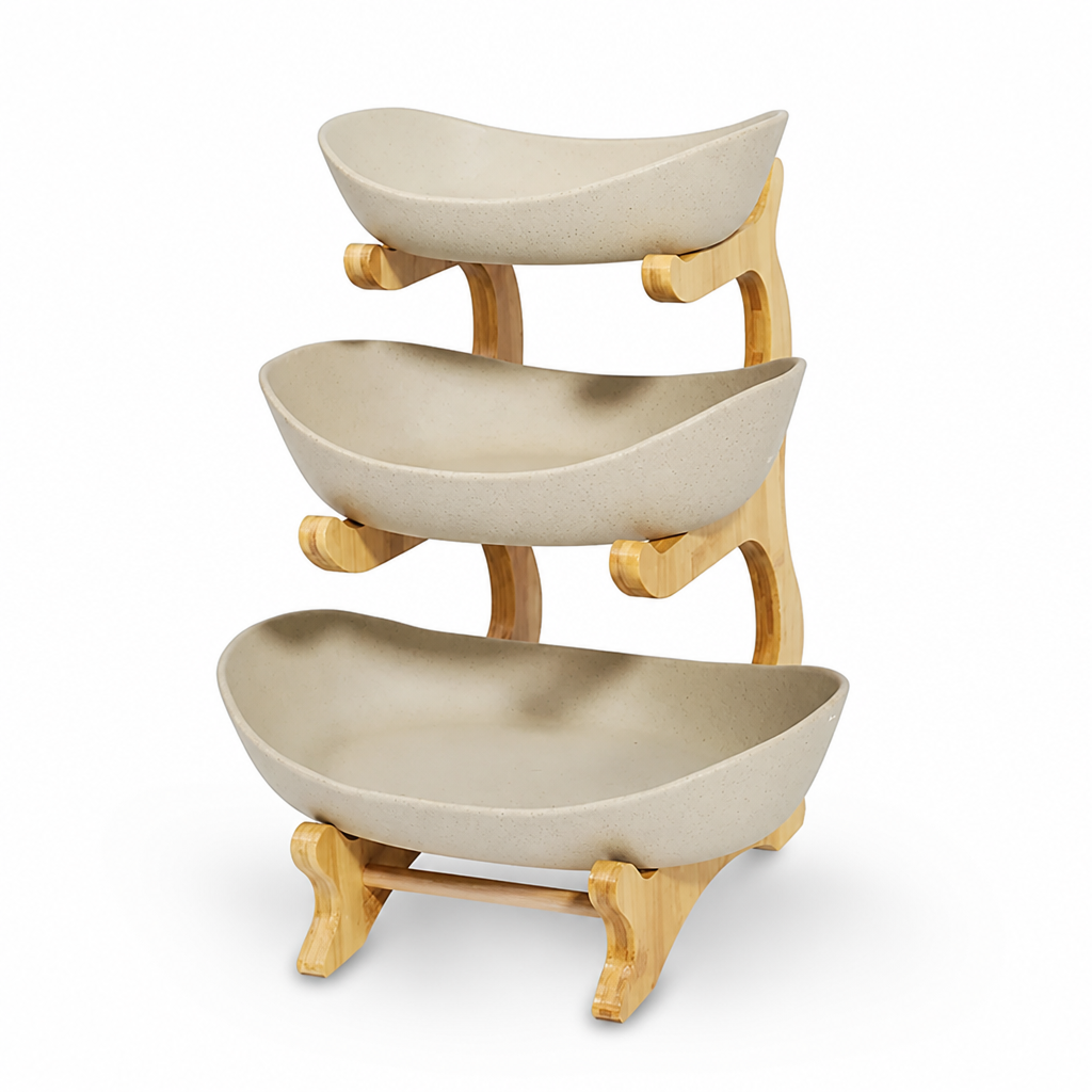 Multi-Tier Fruit Bowl with Ceramic Bowls and Wood Base