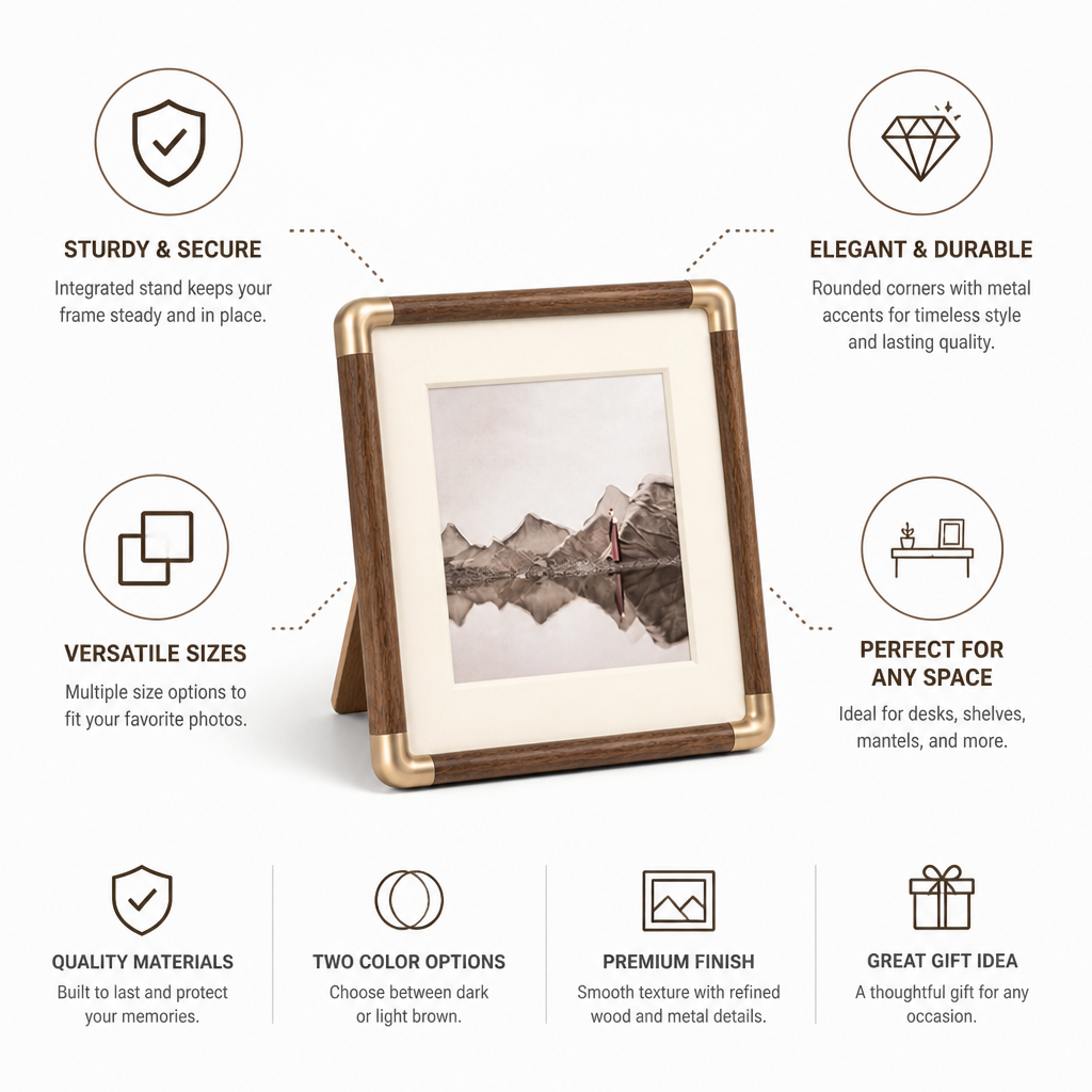 Picture Frame Sturdy Stand Rounded Corners & Metal Accents