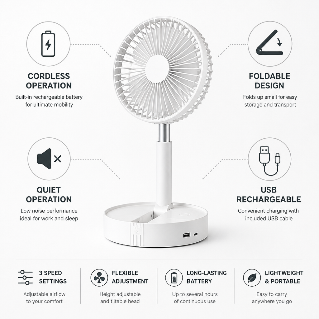 Portable Fan Foldable USB Rechargeable Quiet Operation