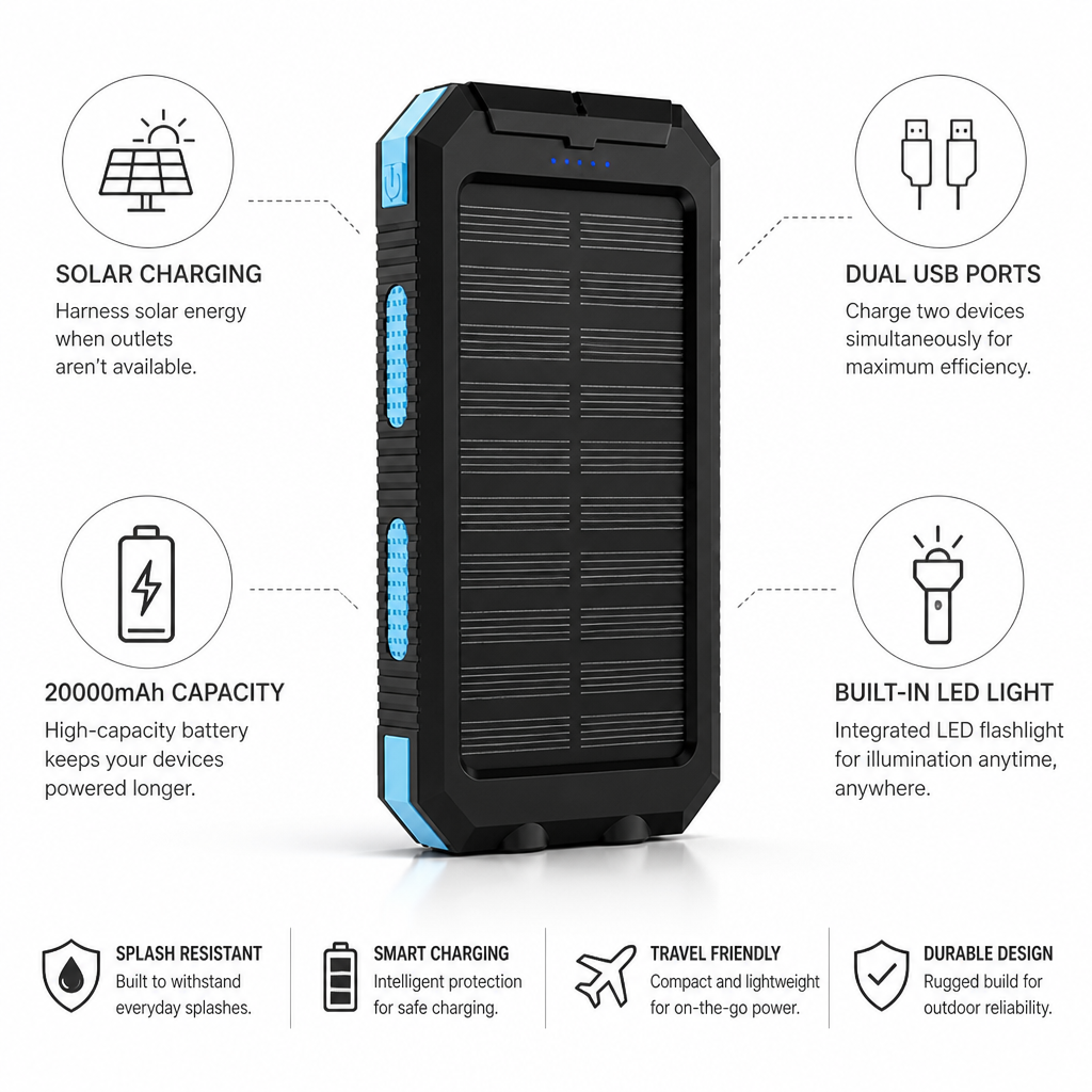 Power Bank 20000mAh Dual USB & Solar Charging