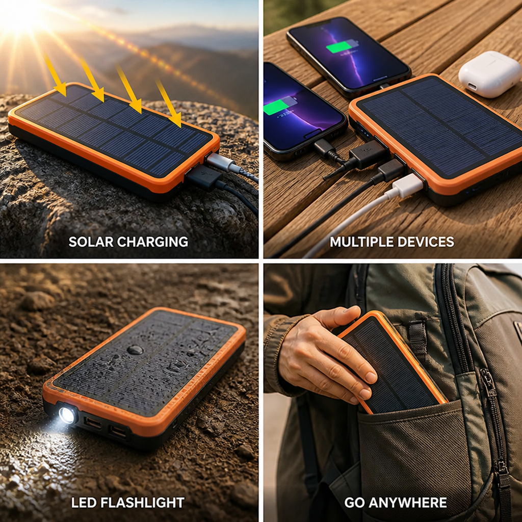 Power Bank Solar High Capacity USB-C & LED Flashlight