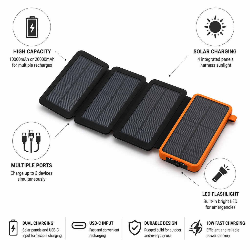 Power Bank Solar High Capacity USB-C & LED Flashlight
