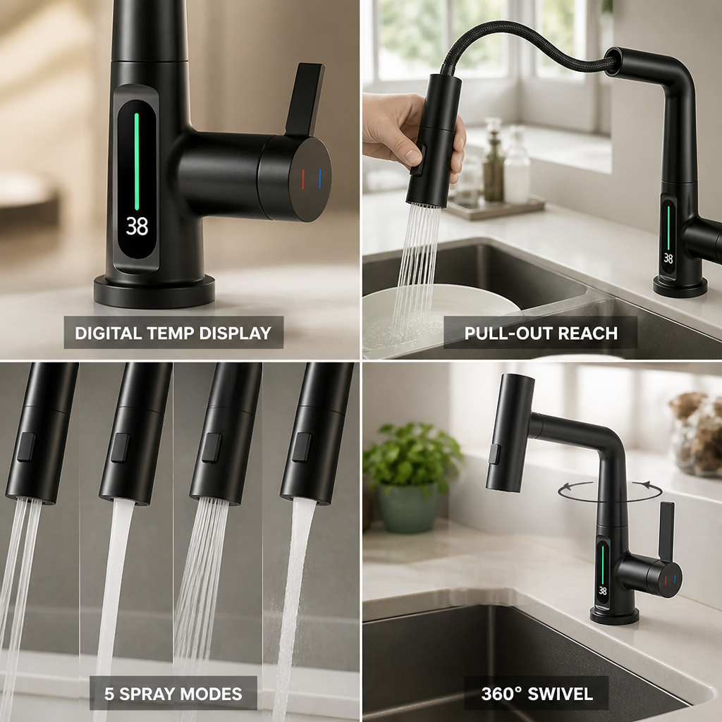 Pull-Out Faucet Pressure-Powered LED Display & 5 Spray Modes