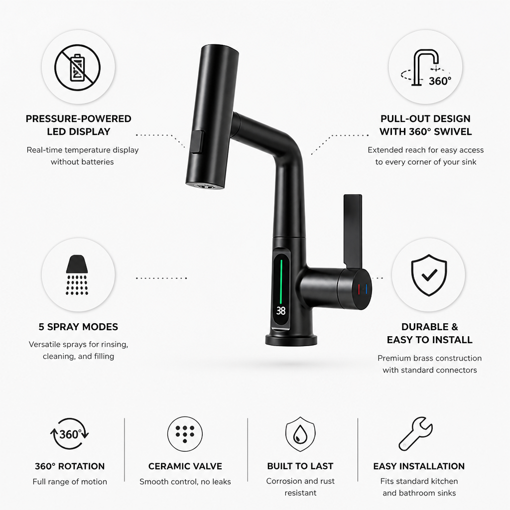 Pull-Out Faucet Pressure-Powered LED Display & 5 Spray Modes