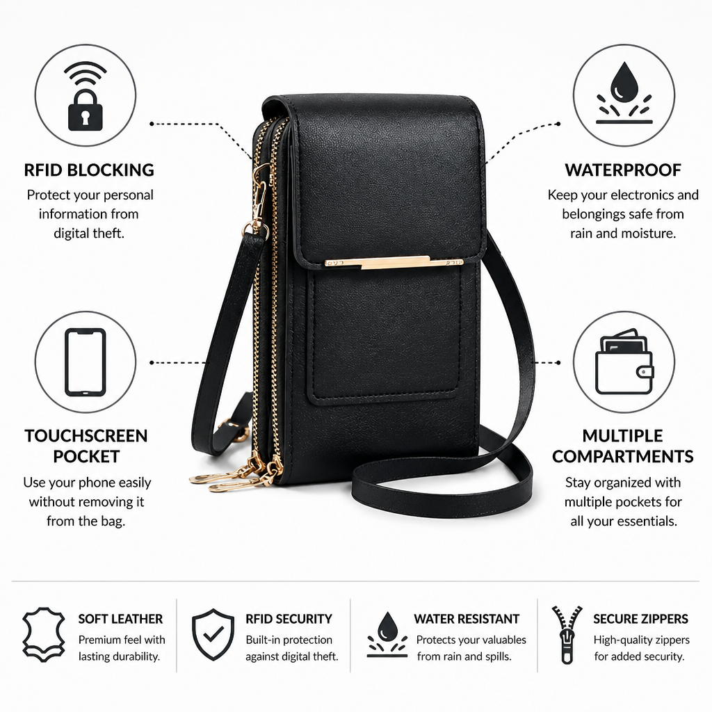 Shoulder Bag Soft Leather RFID-Blocking Waterproof Pocket