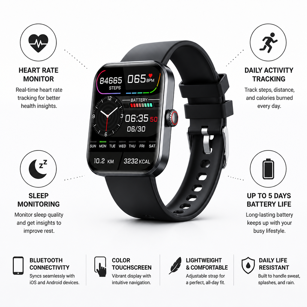 Smartwatch Color Touchscreen Health Tracking 5-Day Battery
