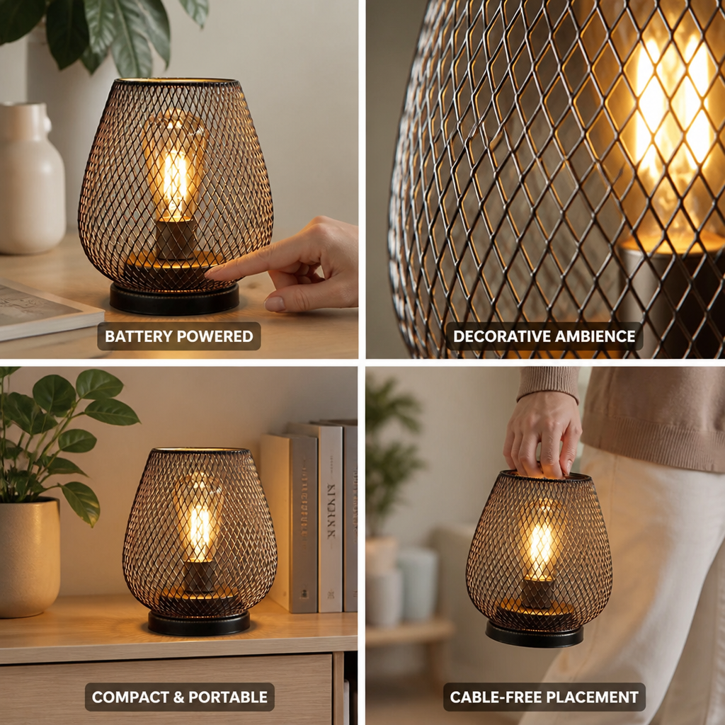Table Lamp Battery-Powered Warm LED Metal Mesh
