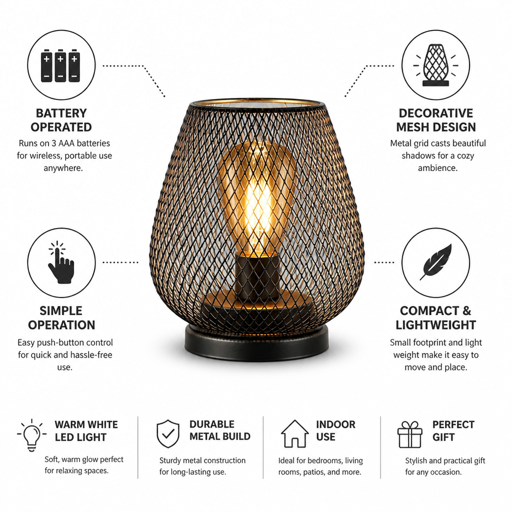 Table Lamp Battery-Powered Warm LED Metal Mesh