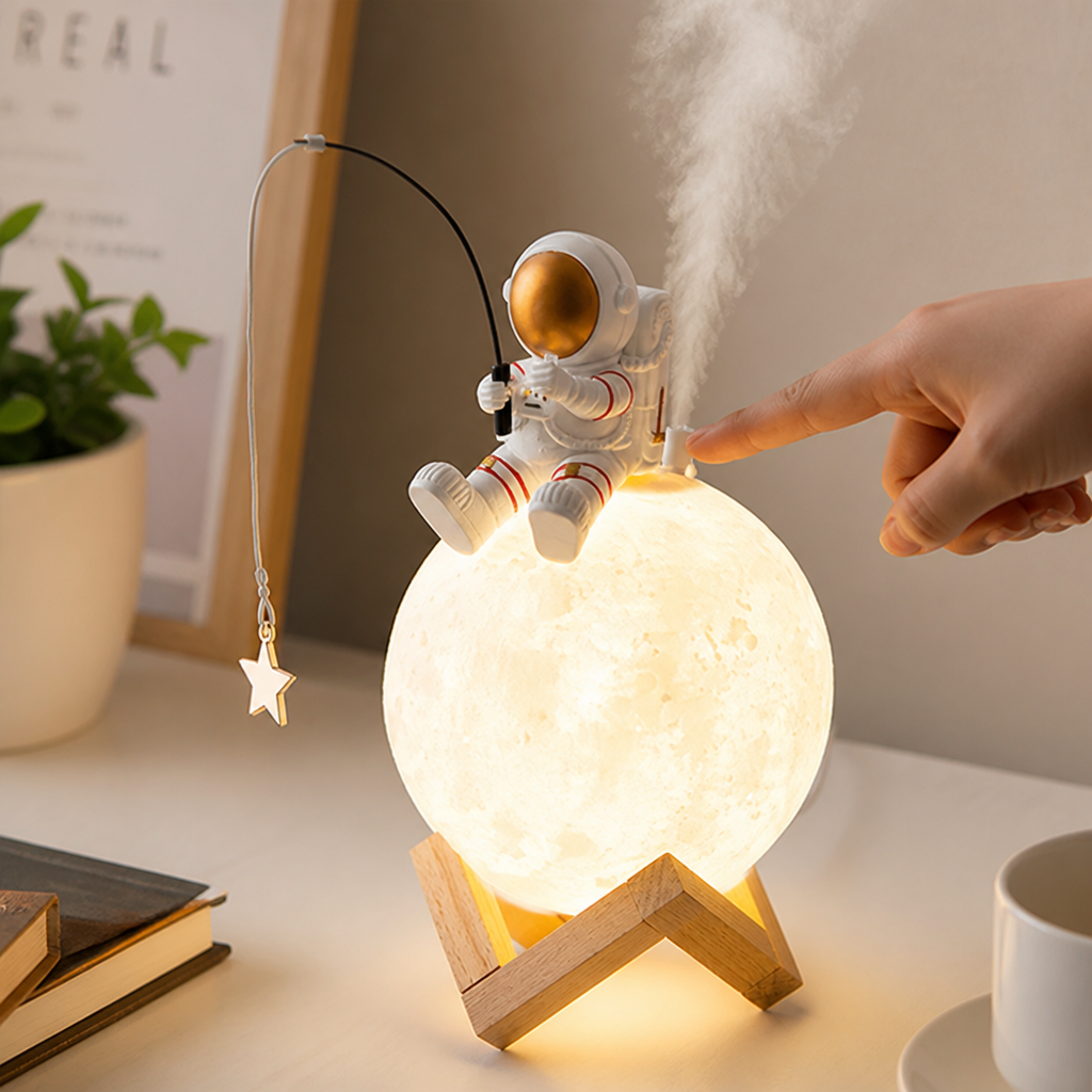 Table Lamp Moon Astronaut Dimmable Touch Wooden Stand