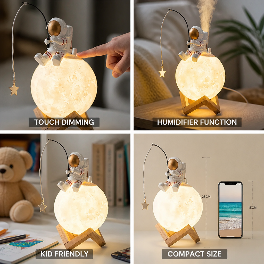 Table Lamp Moon Astronaut Dimmable Touch Wooden Stand