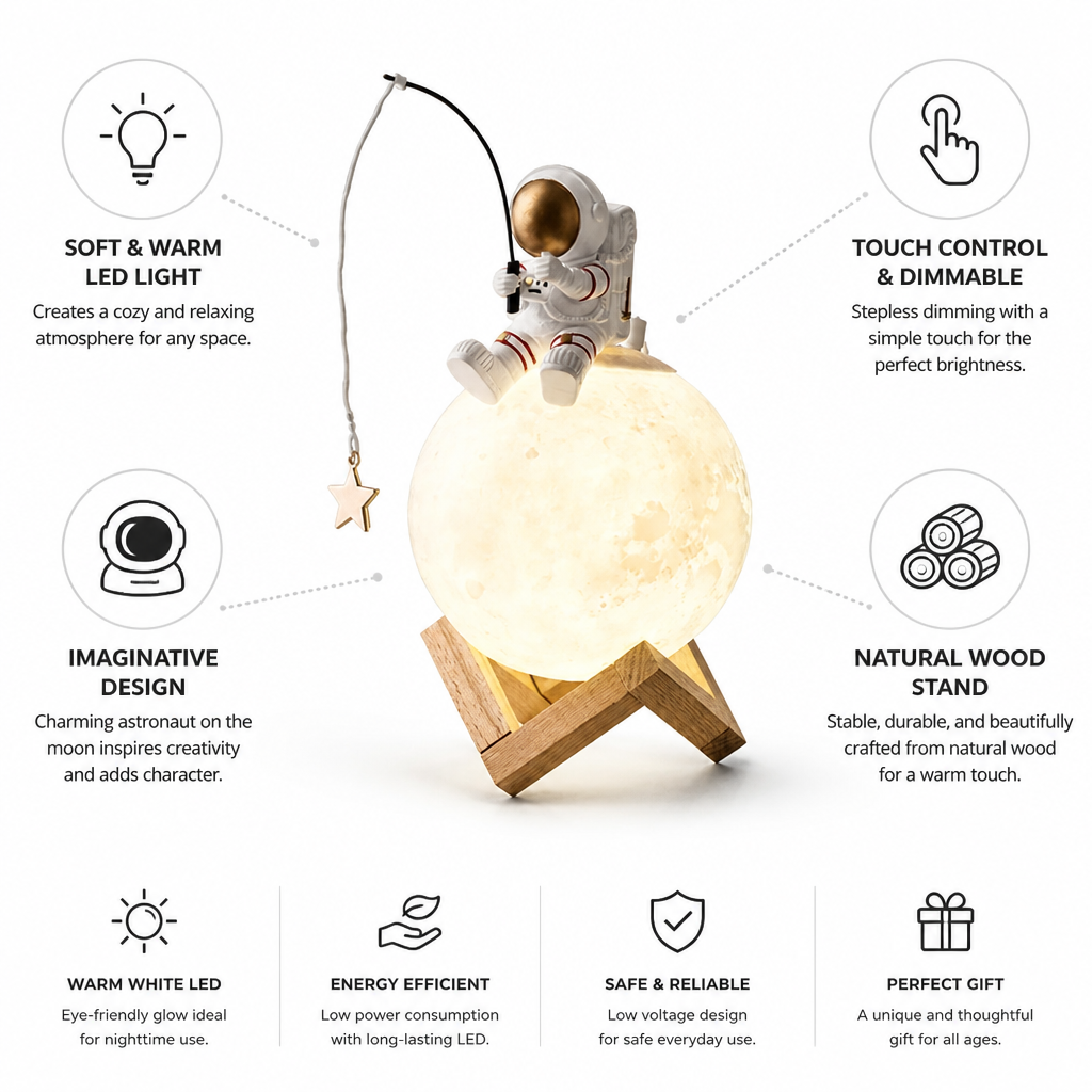 Table Lamp Moon Astronaut Dimmable Touch Wooden Stand